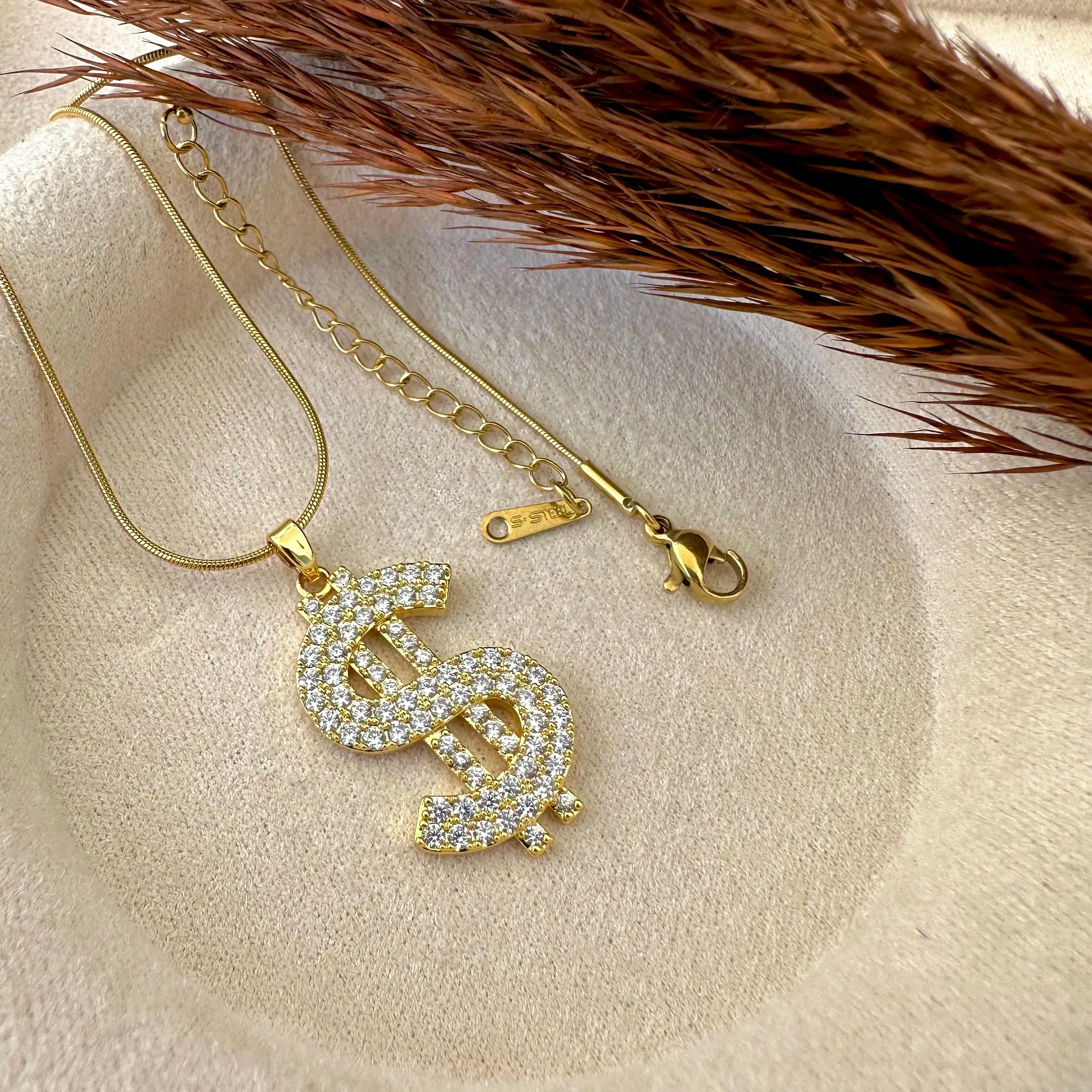 GY0032 Gold Dolar Taşlı Kolye