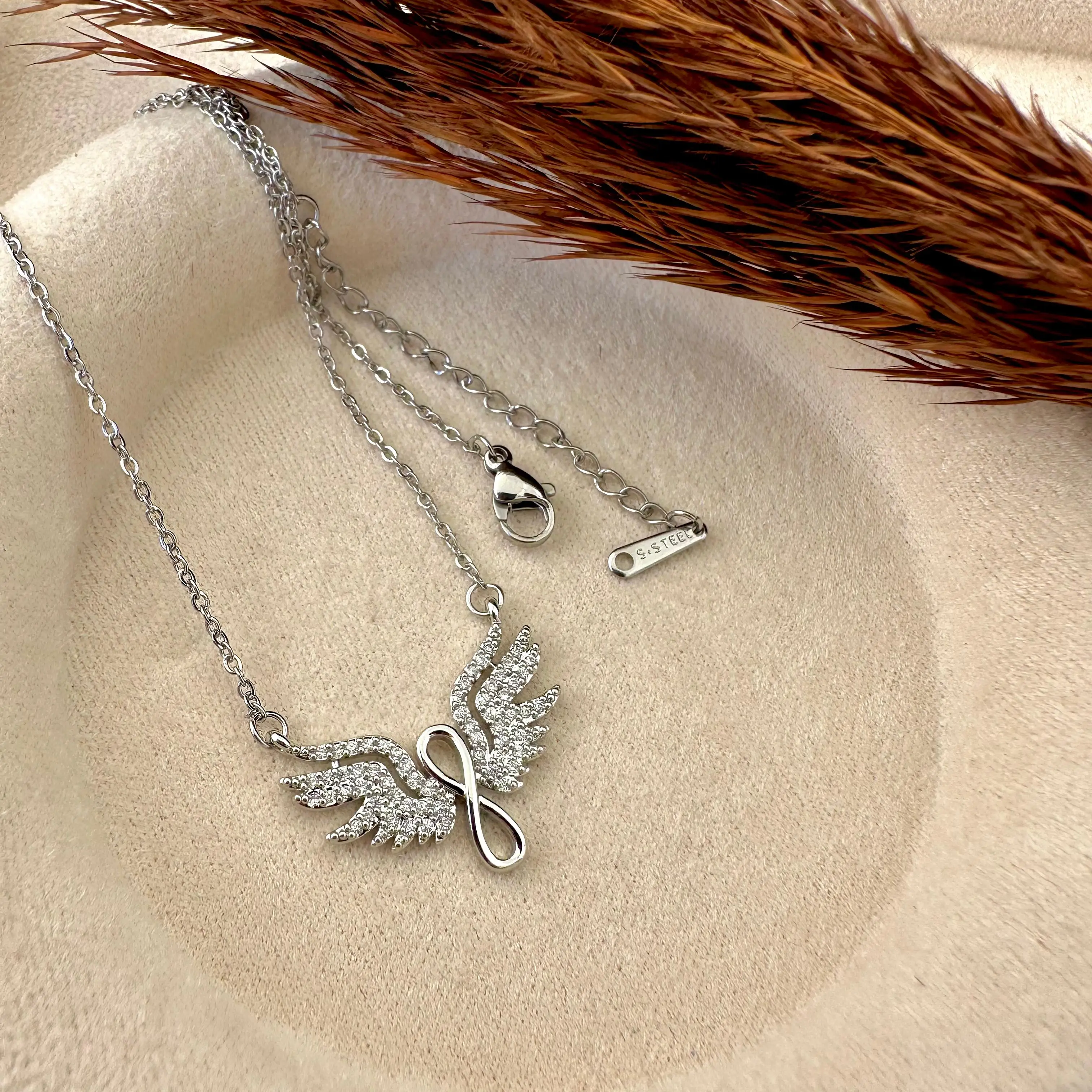 GY0035 Silver Sonsuzluk Melek Kanadı Taşlı Kolye