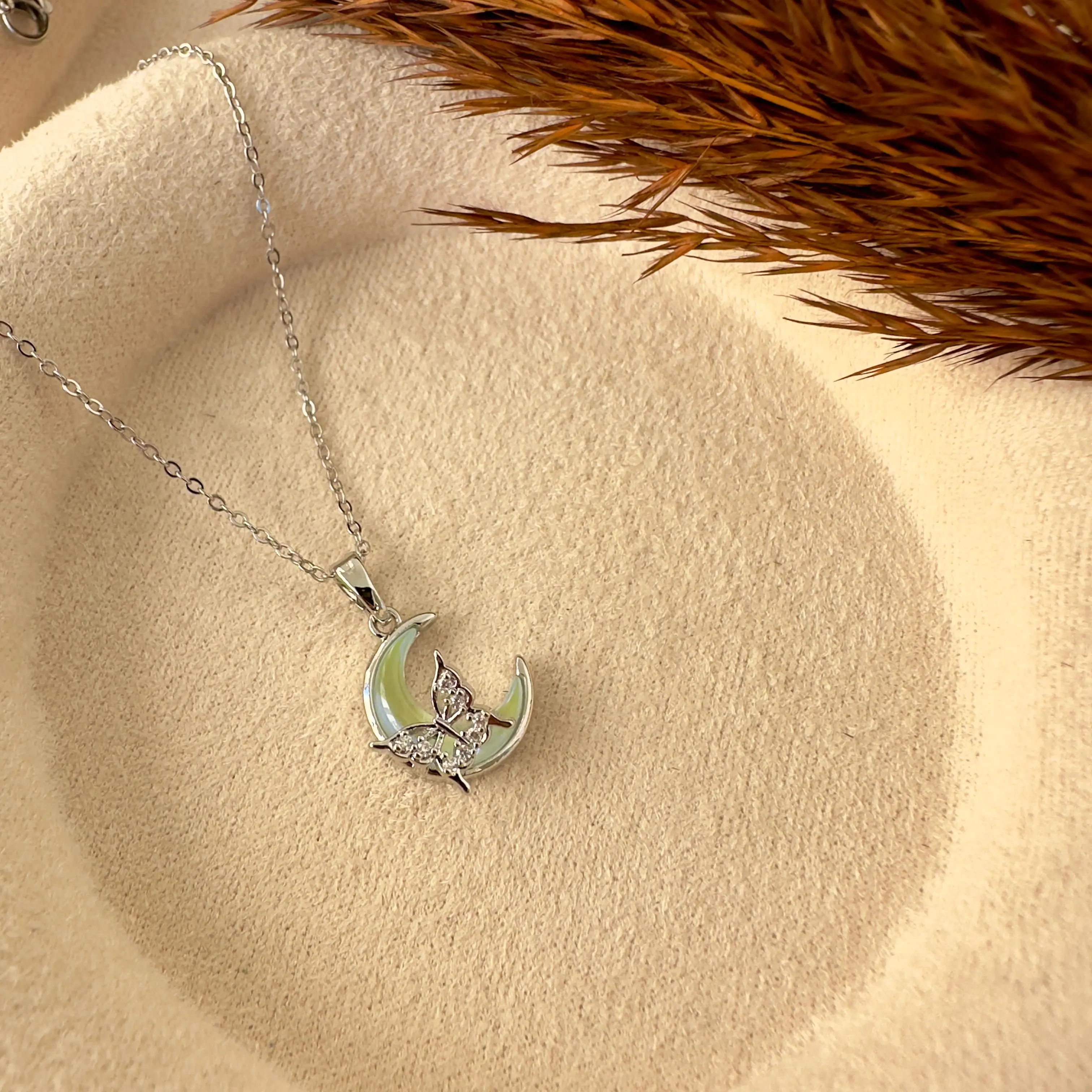 GY0090 Silver Ay Üzeri Kelebek Kolye