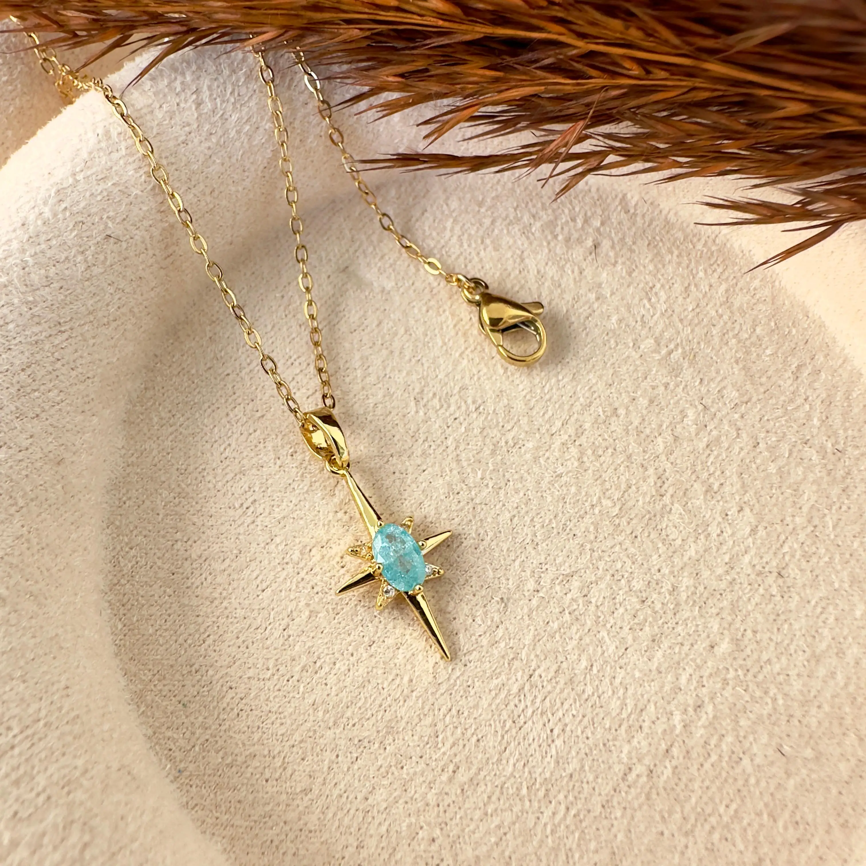 GY0115 Gold Mavi Taş Kutup Yıldızı Kolye