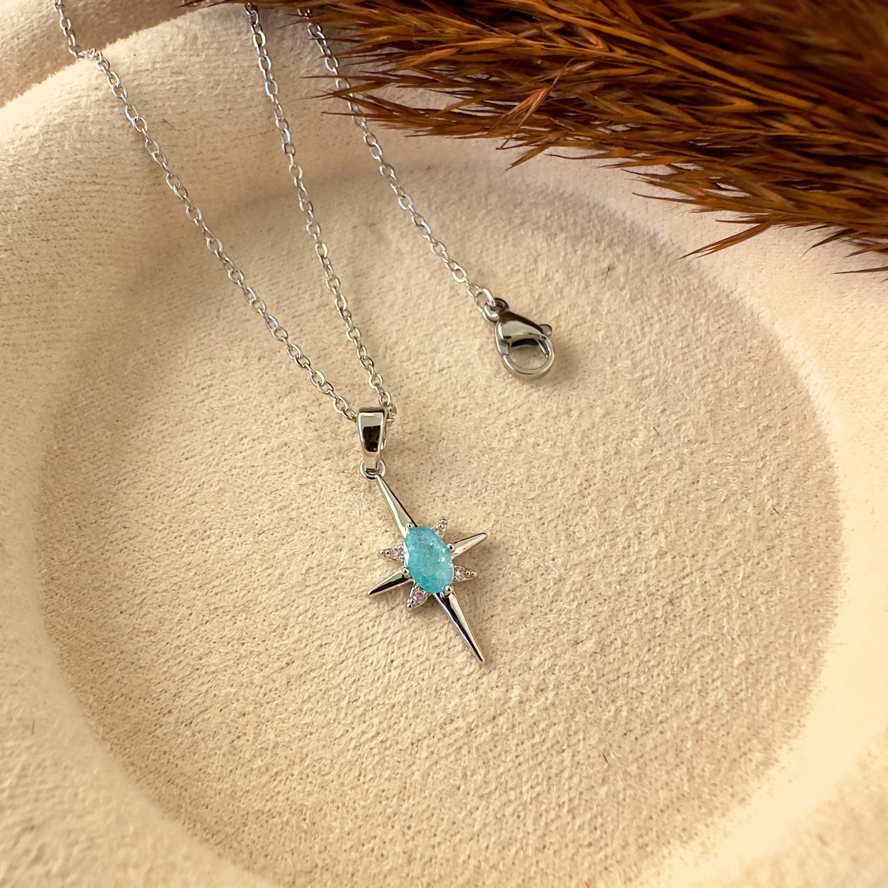 GY0116 Silver Mavi Taş Kutup Yıldızı Kolye