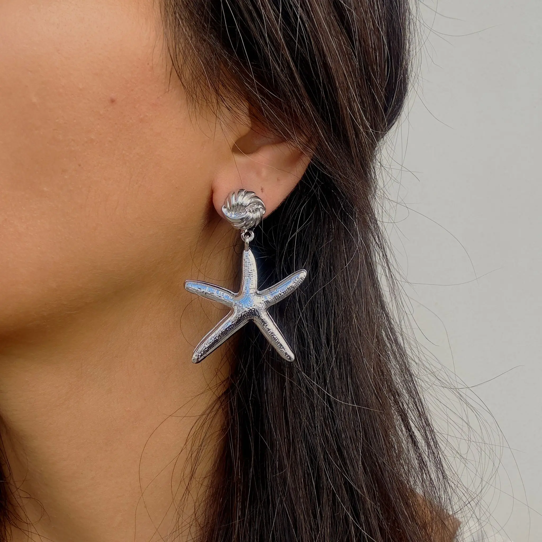 GY0020 Silver Deniz Yıldızı Büyük Küpe