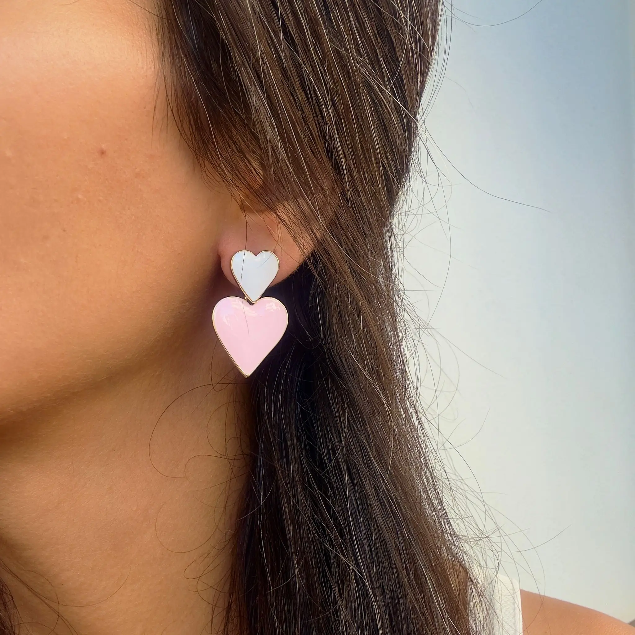 GY0063 Gold Beyaz Pembe Kalp Küpe