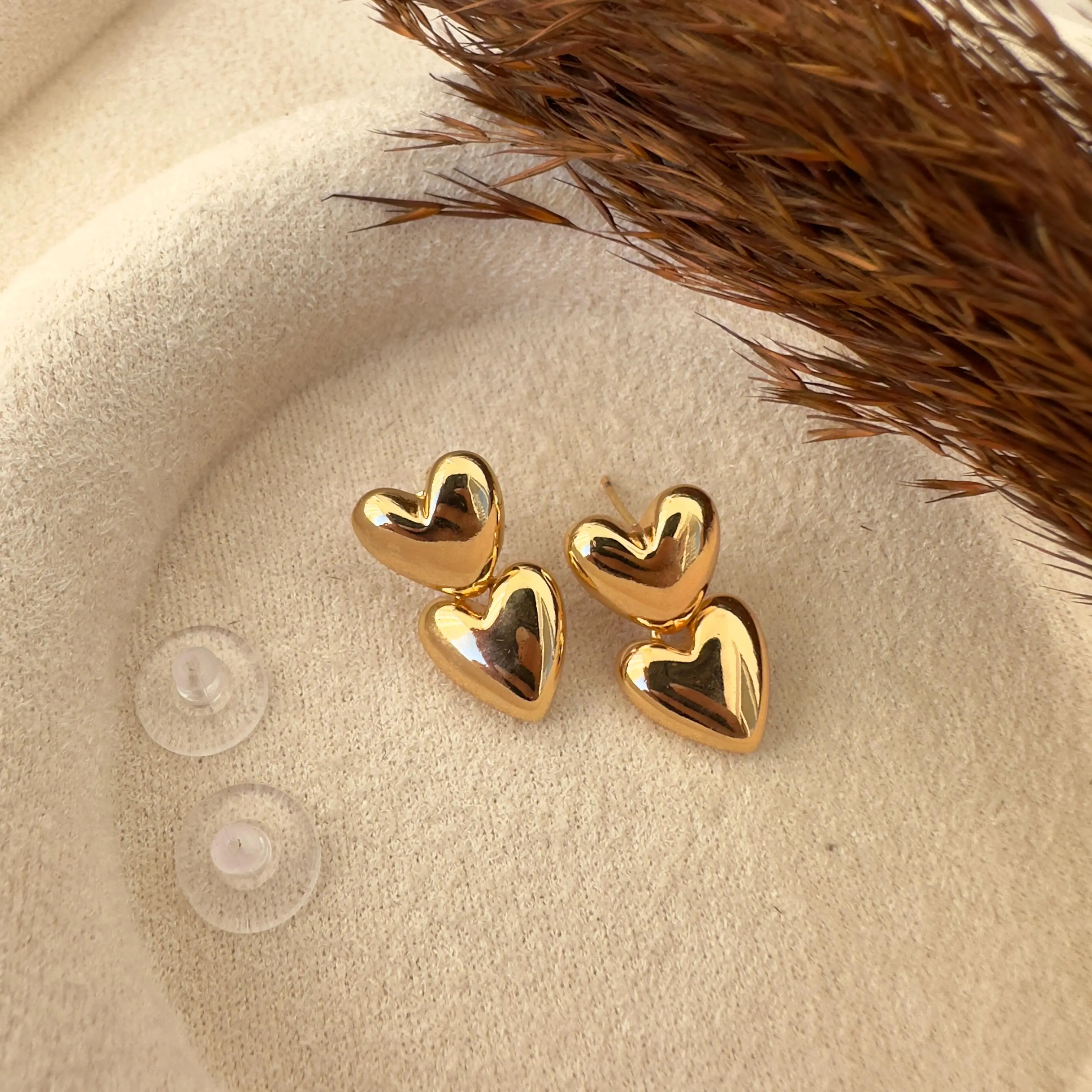 GY0160 Rose Gold Çift Kalp Küpe