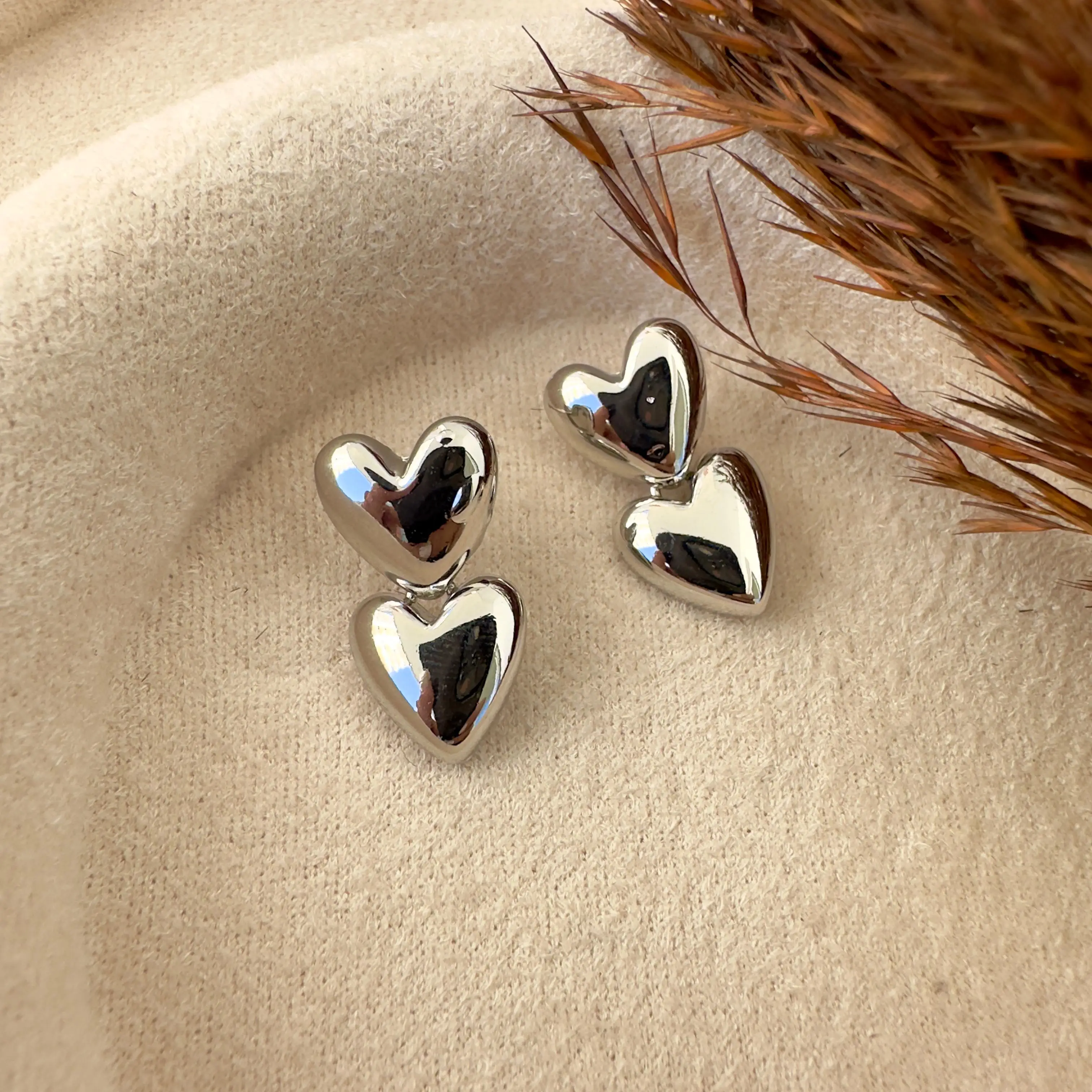 GY0161 Silver Çift Kalp Küpe