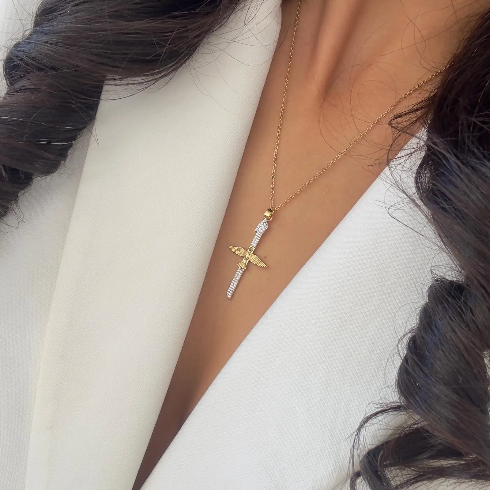 GY0128 Gold-Silver Taş Detay Elif Kolye